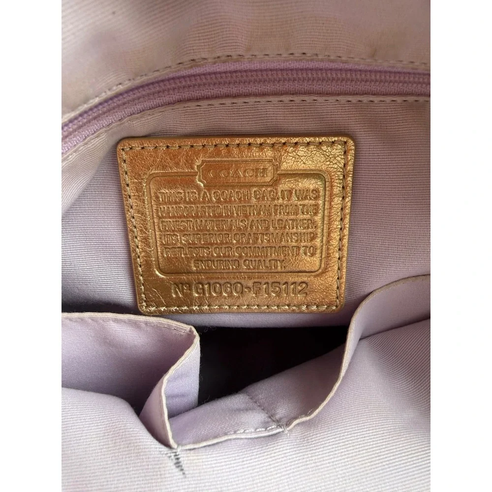 Coach Signature Stripe Tote Khaki Brown Metallic Gold Leather F15112 Medium Bag